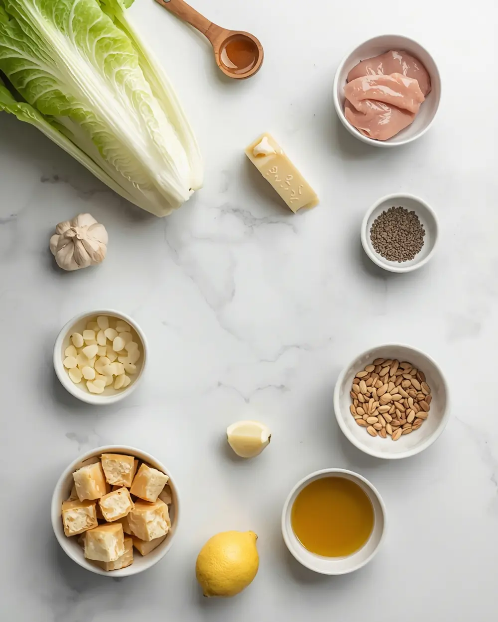 Ingredients for elegant chicken Caesar salad summer