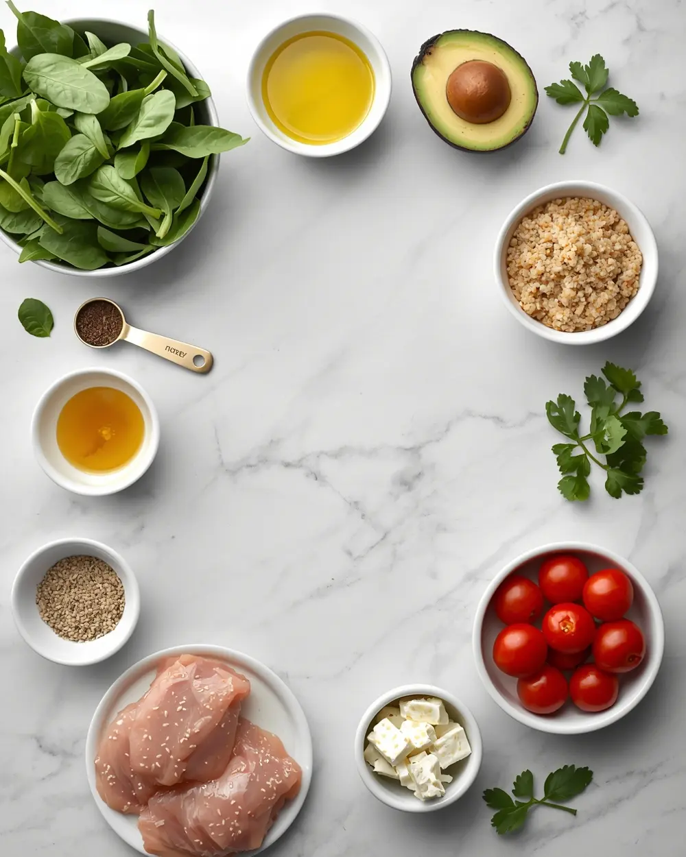 Ingredients for elegant chicken avocado bowl summer