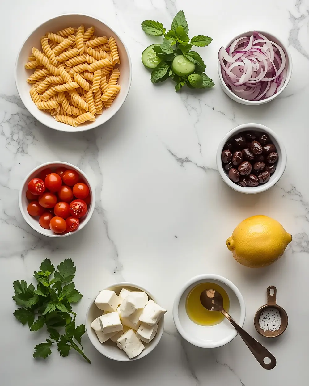 Ingredients for elegant cold pasta salad summer