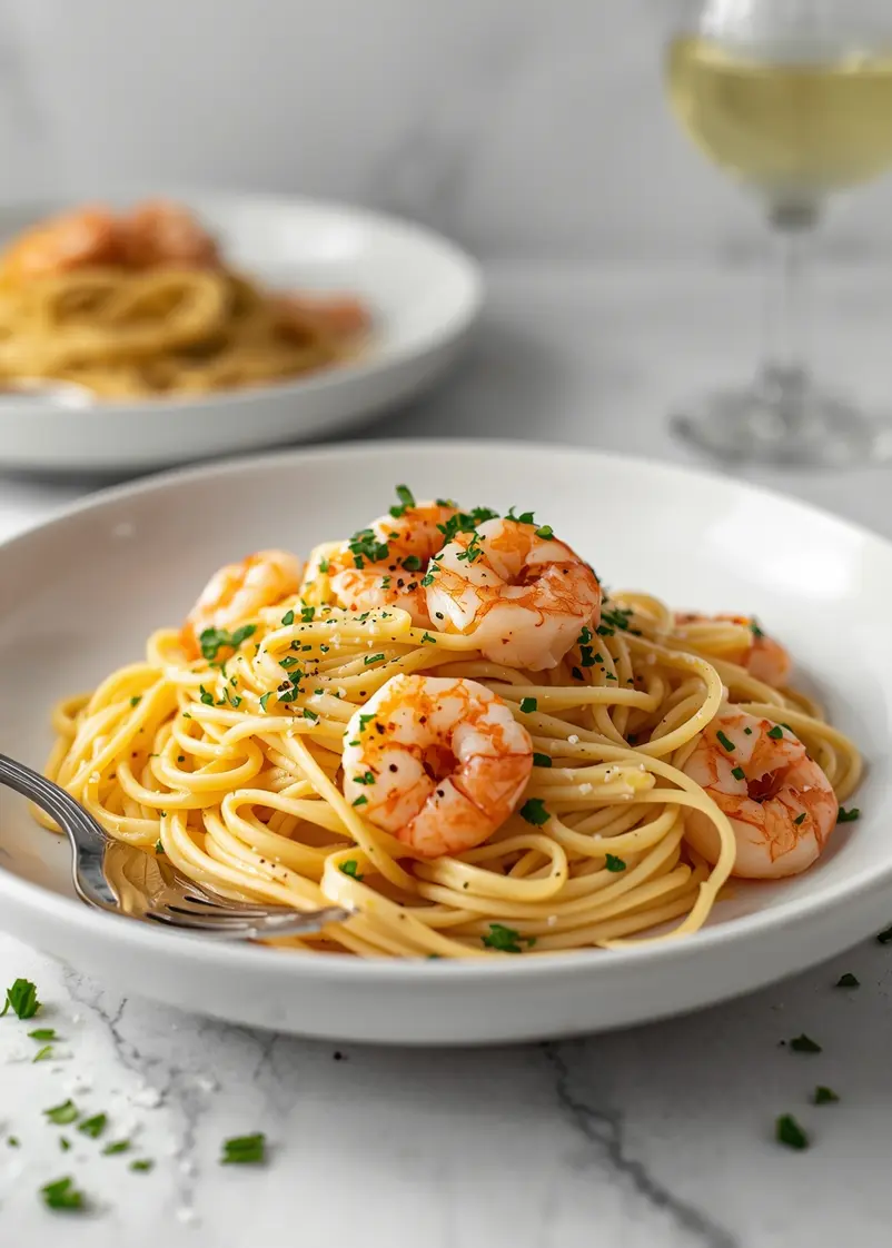 elegant lemon garlic shrimp pasta ready to serve