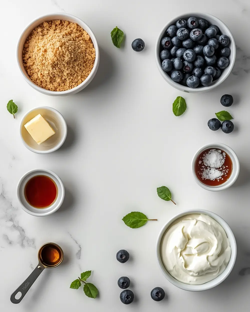 Ingredients for elegant no bake blueberry cream pie