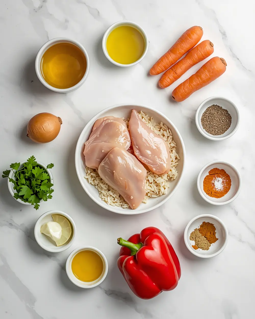 Ingredients for elegant one pan chicken rice summer