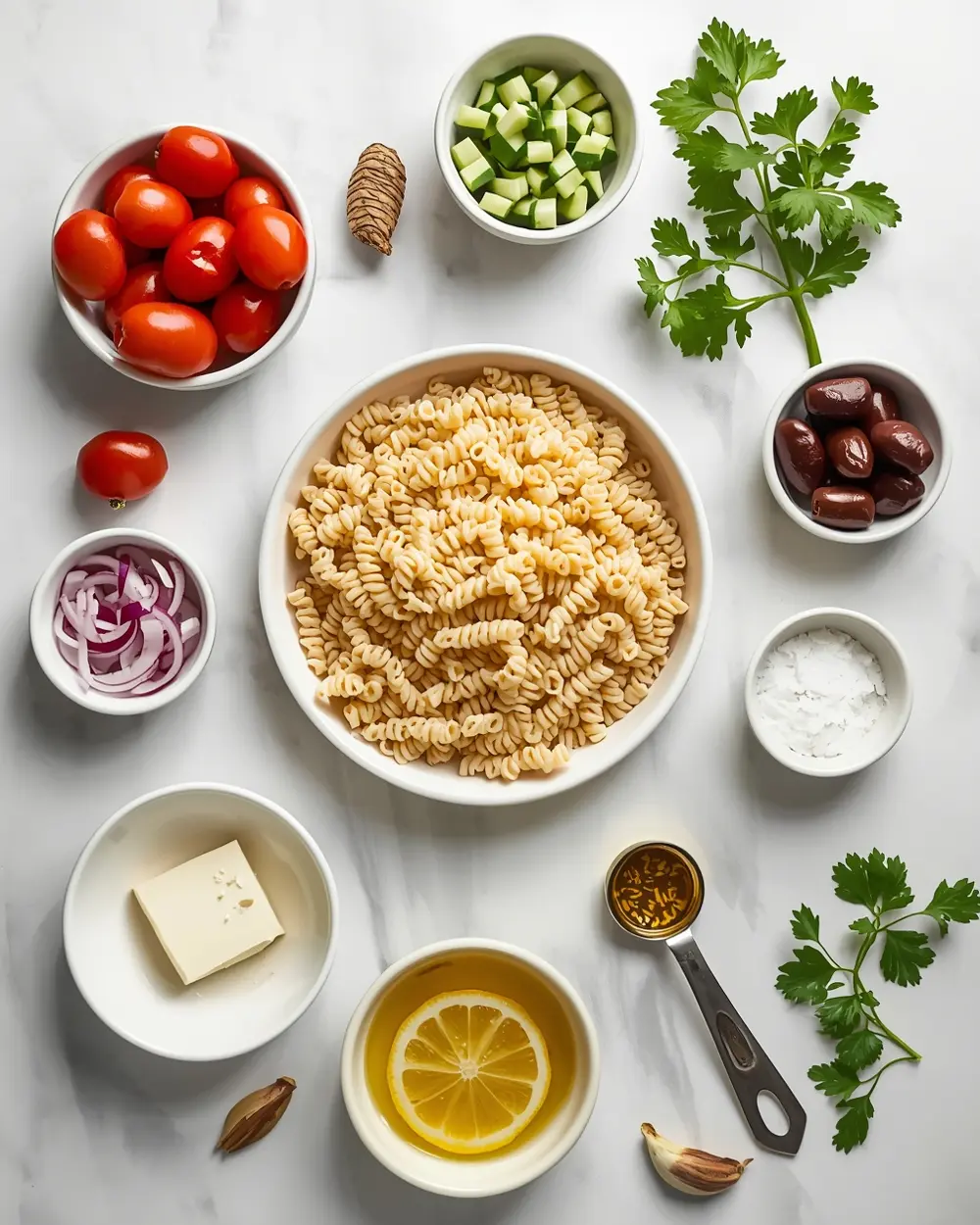 Ingredients for elegant orzo salad summer