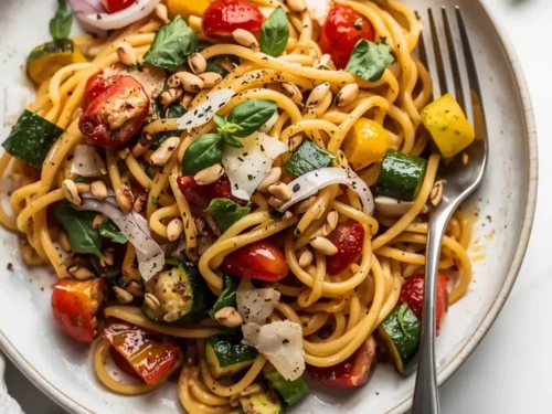 elegant summer pasta with roasted vegetables