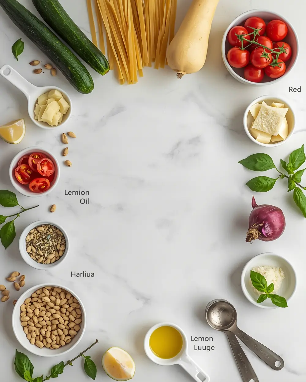 Ingredients for elegant summer pasta with roasted vegetables