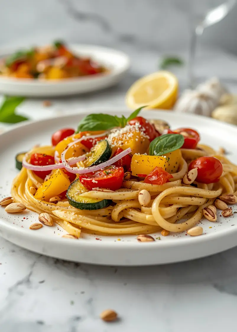 elegant summer pasta with roasted vegetables ready to serve