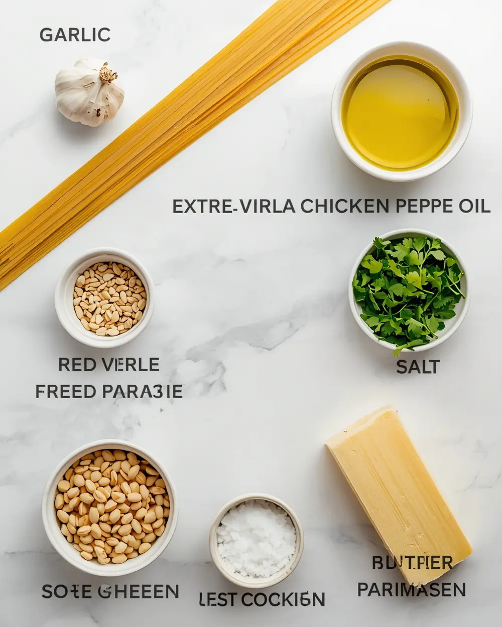 Ingredients for elegant summer spaghetti aglio olio