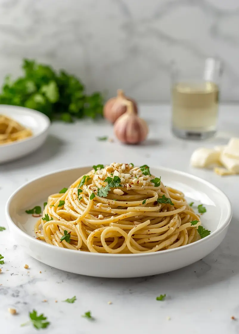 elegant summer spaghetti aglio olio ready to serve