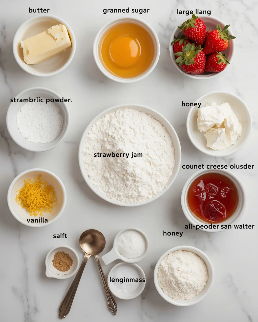 Ingredients for elegant summer strawberry thumbprint cookies