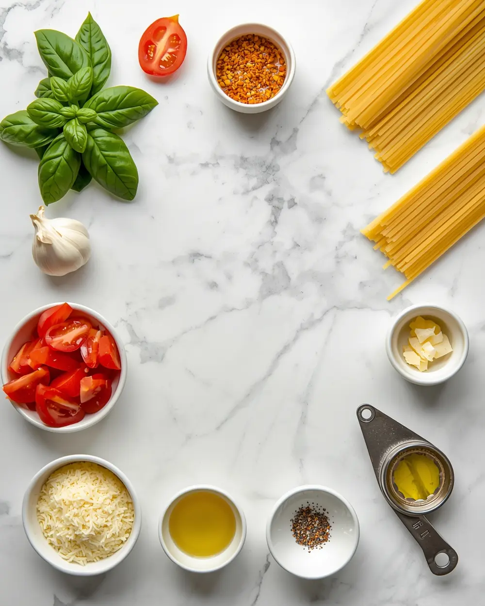 Ingredients for elegant summer tomato basil pasta