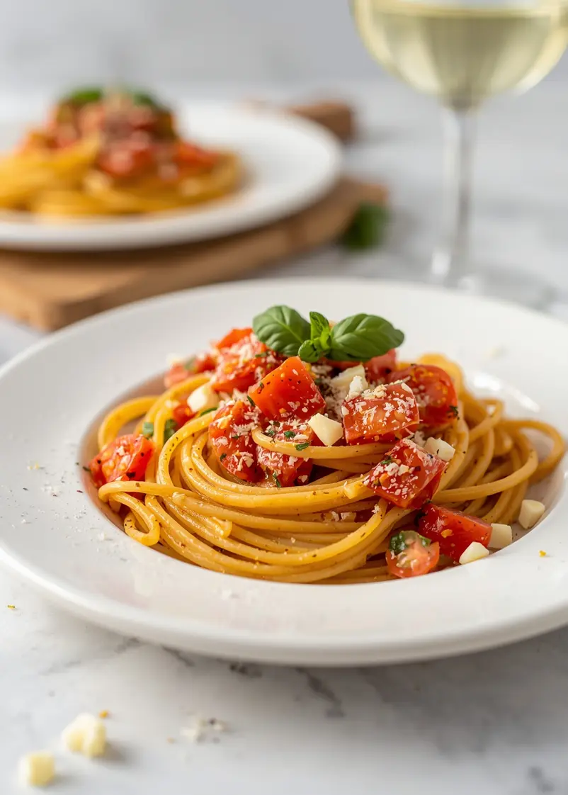 elegant summer tomato basil pasta ready to serve