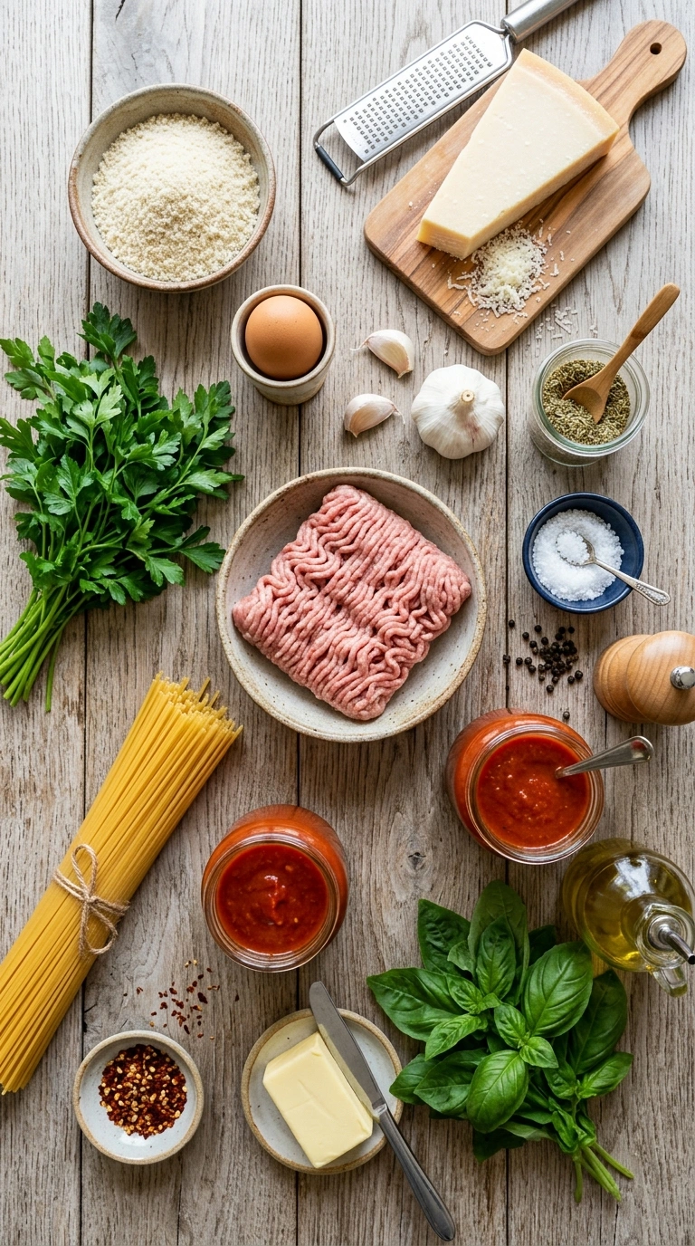 Ingredients for beautiful spaghetti turkey meatballs