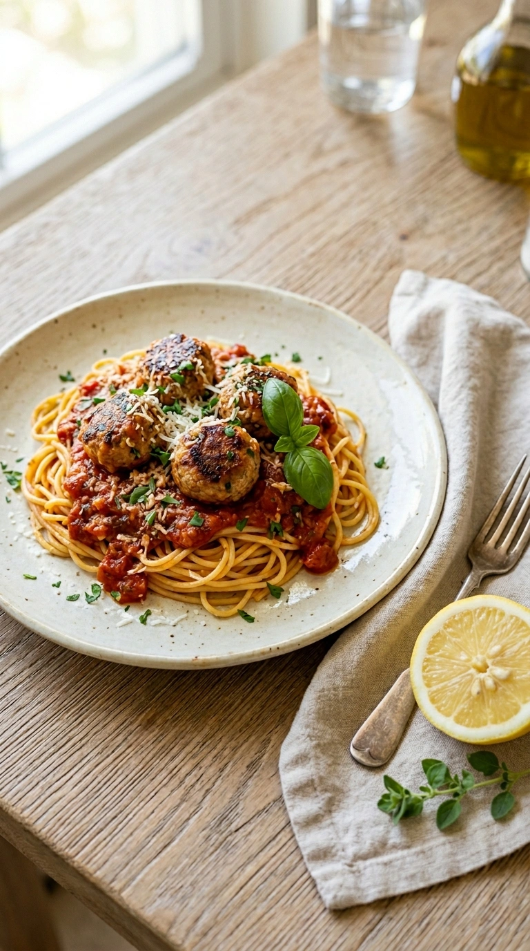 beautiful spaghetti turkey meatballs ready to serve