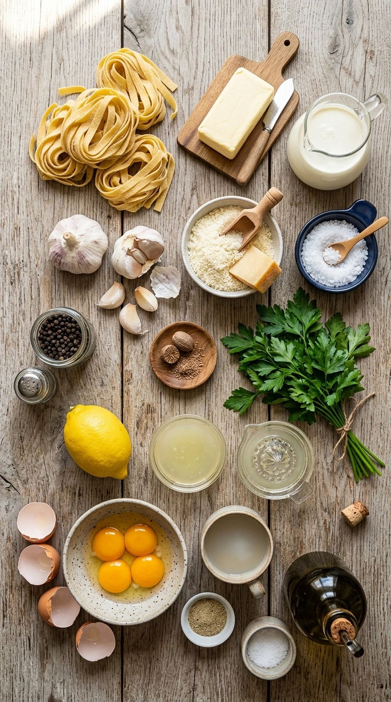 Ingredients for beautiful fettuccine alfredo elegant