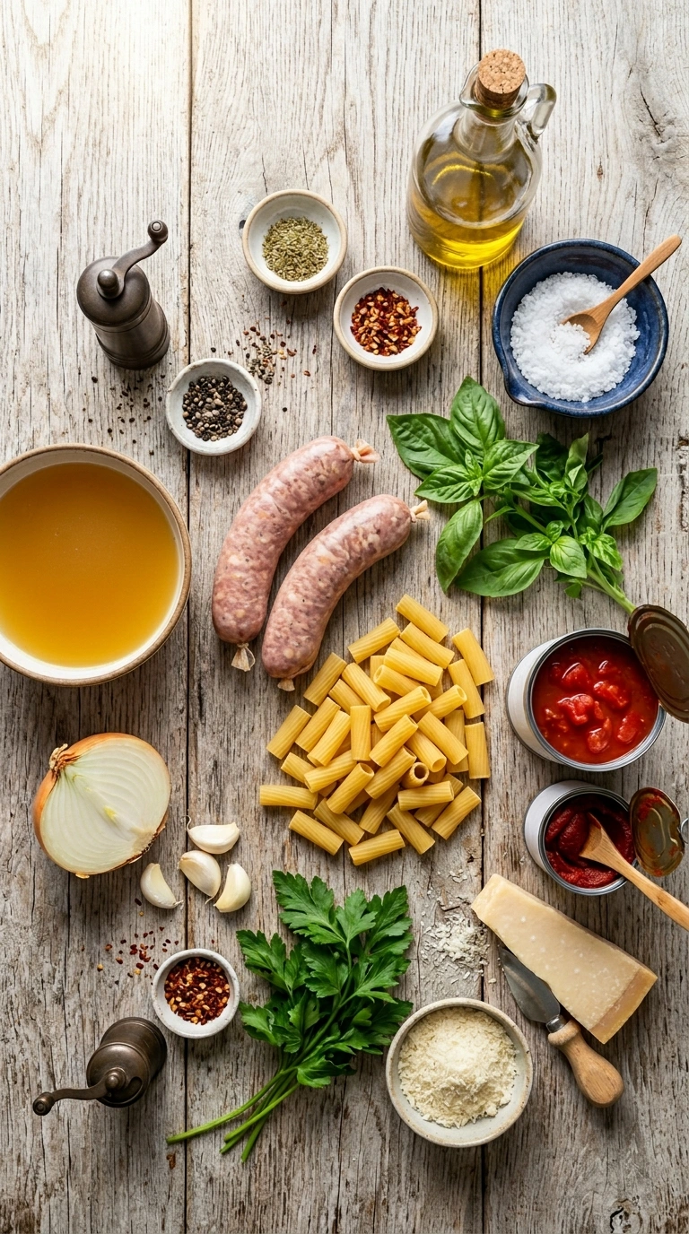 Ingredients for elegant Italian sausage pasta