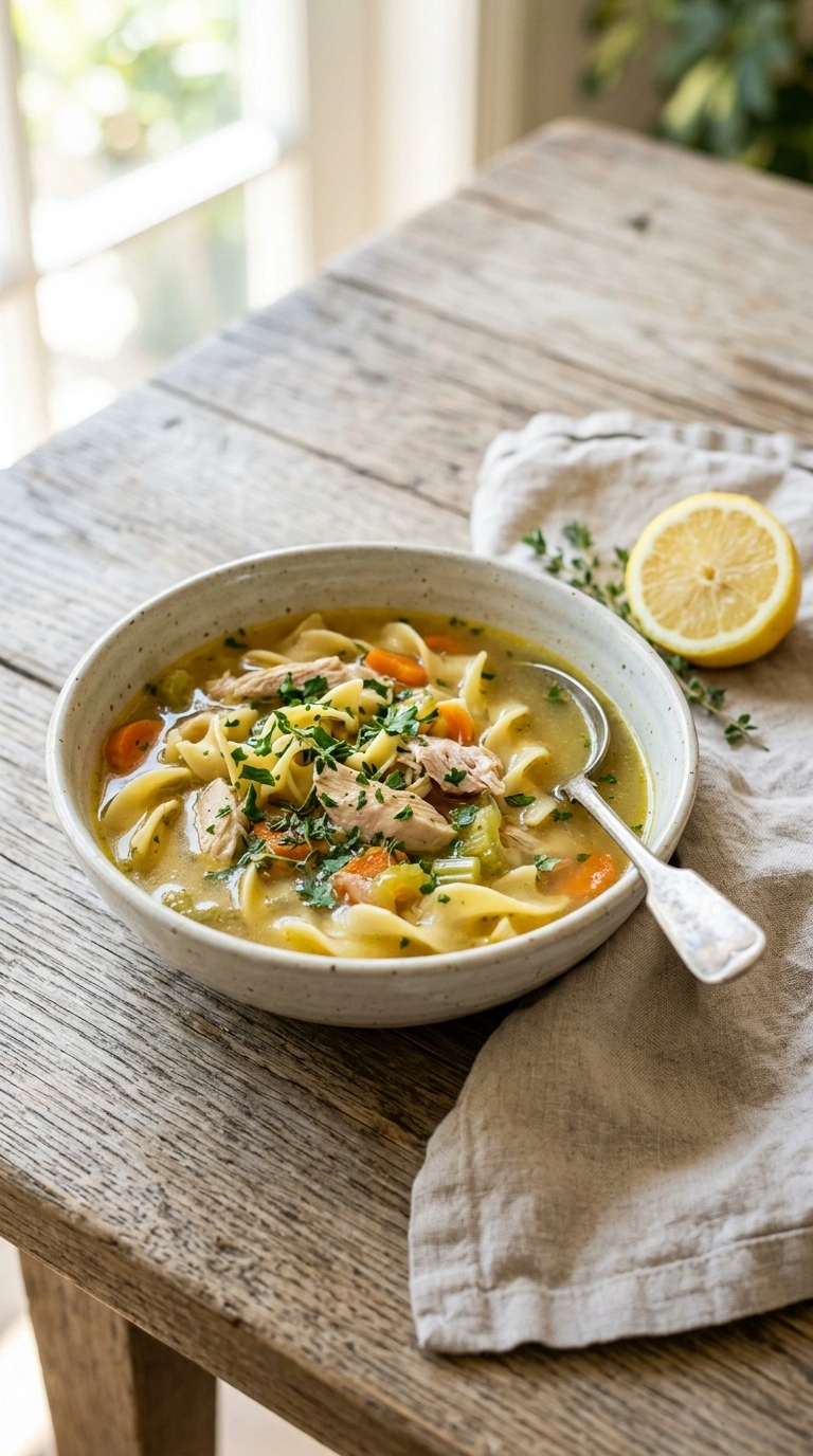 beautiful summer chicken noodle soup ready to serve