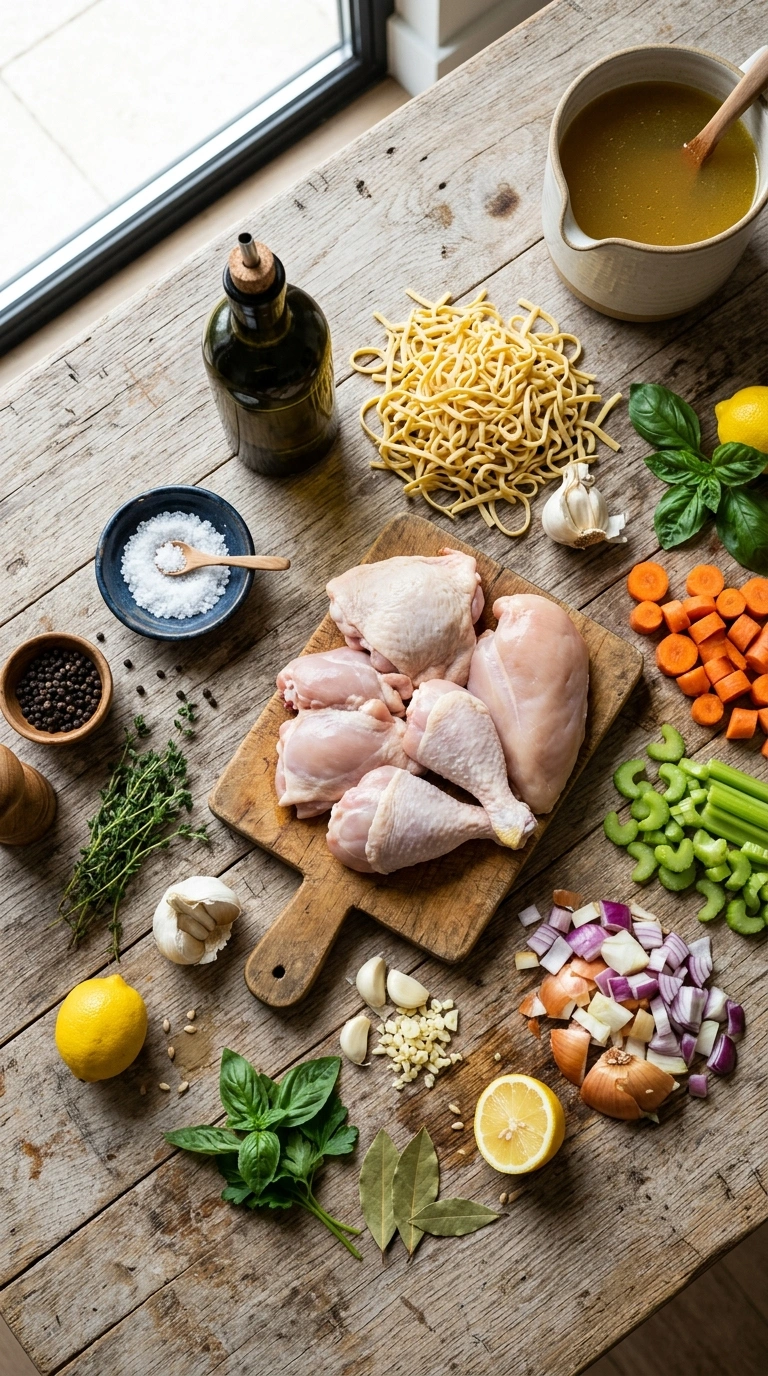Ingredients for beautiful summer chicken noodle soup