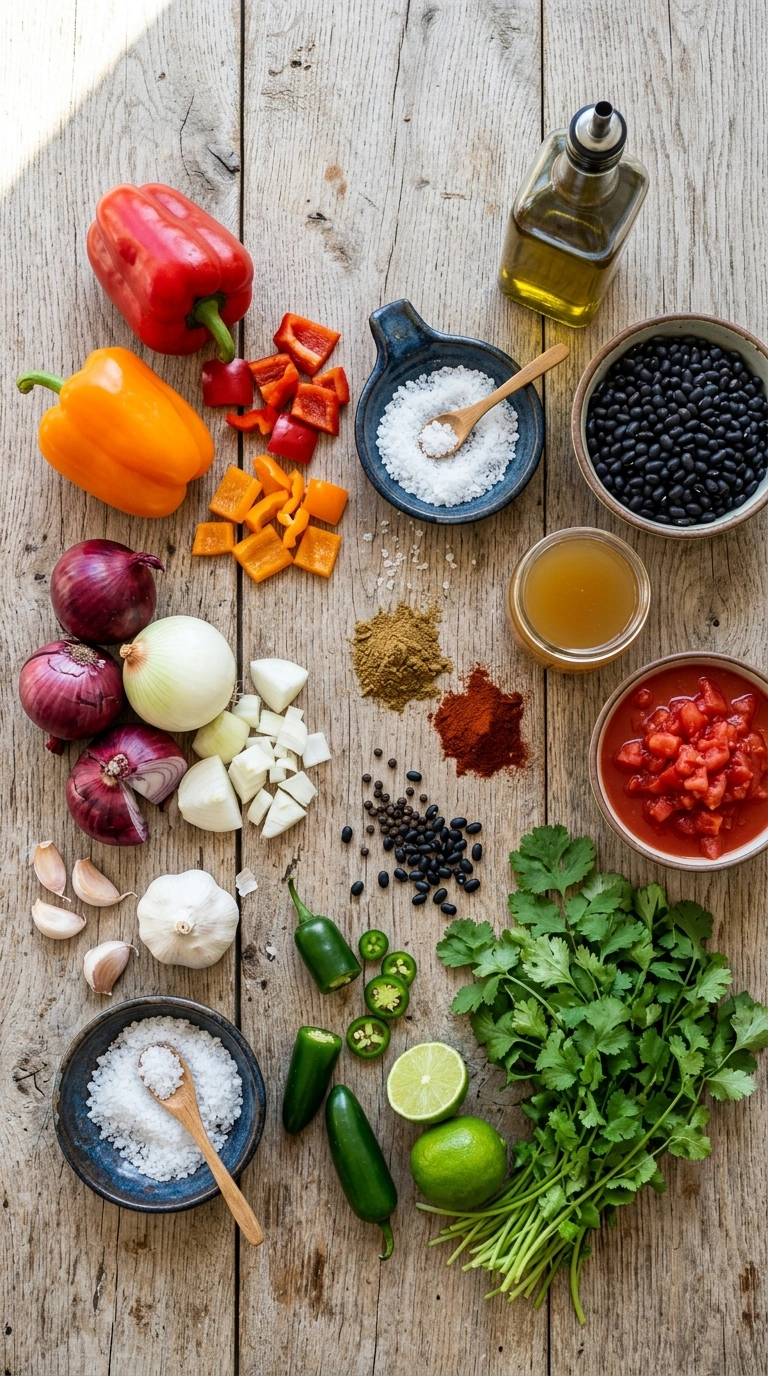 Ingredients for elegant summer black bean soup