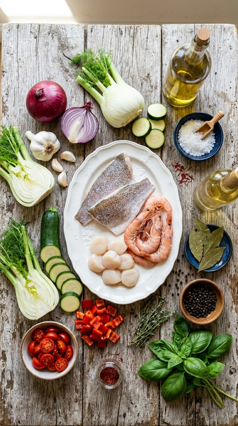 Ingredients for beautiful summer seafood stew