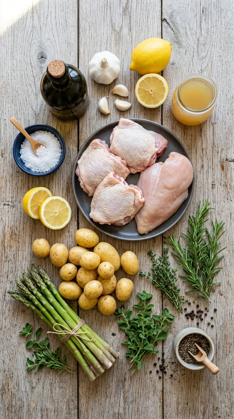 Ingredients for beautiful sheet pan lemon herb chicken