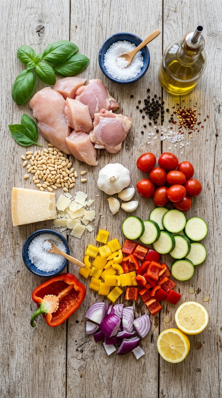 Ingredients for elegant sheet pan pesto chicken