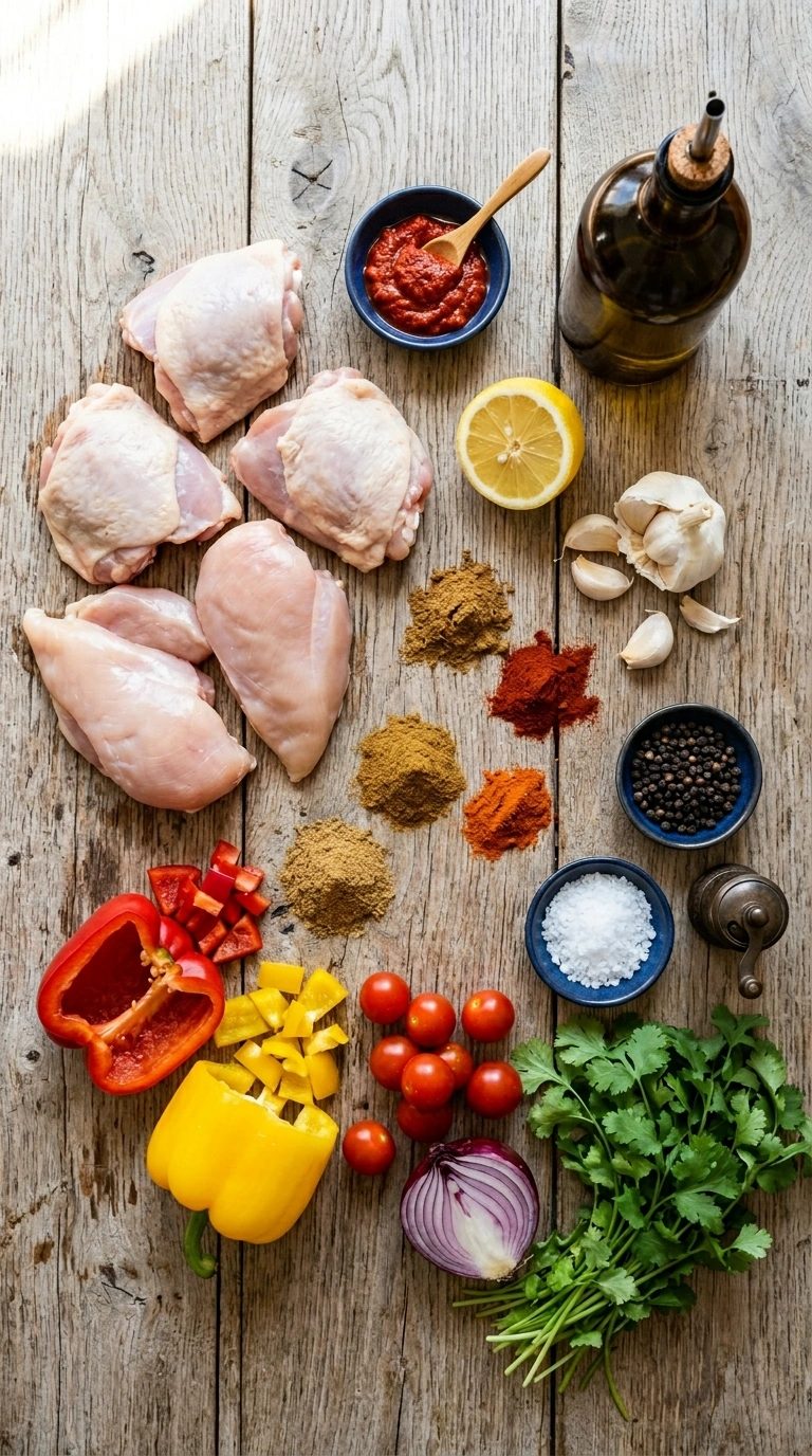 Ingredients for stunning sheet pan harissa chicken
