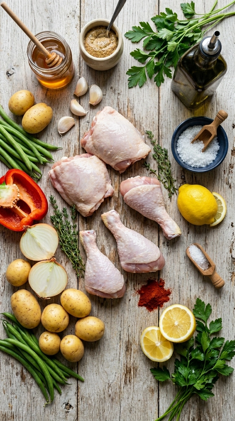 Ingredients for beautiful sheet pan honey mustard chicken