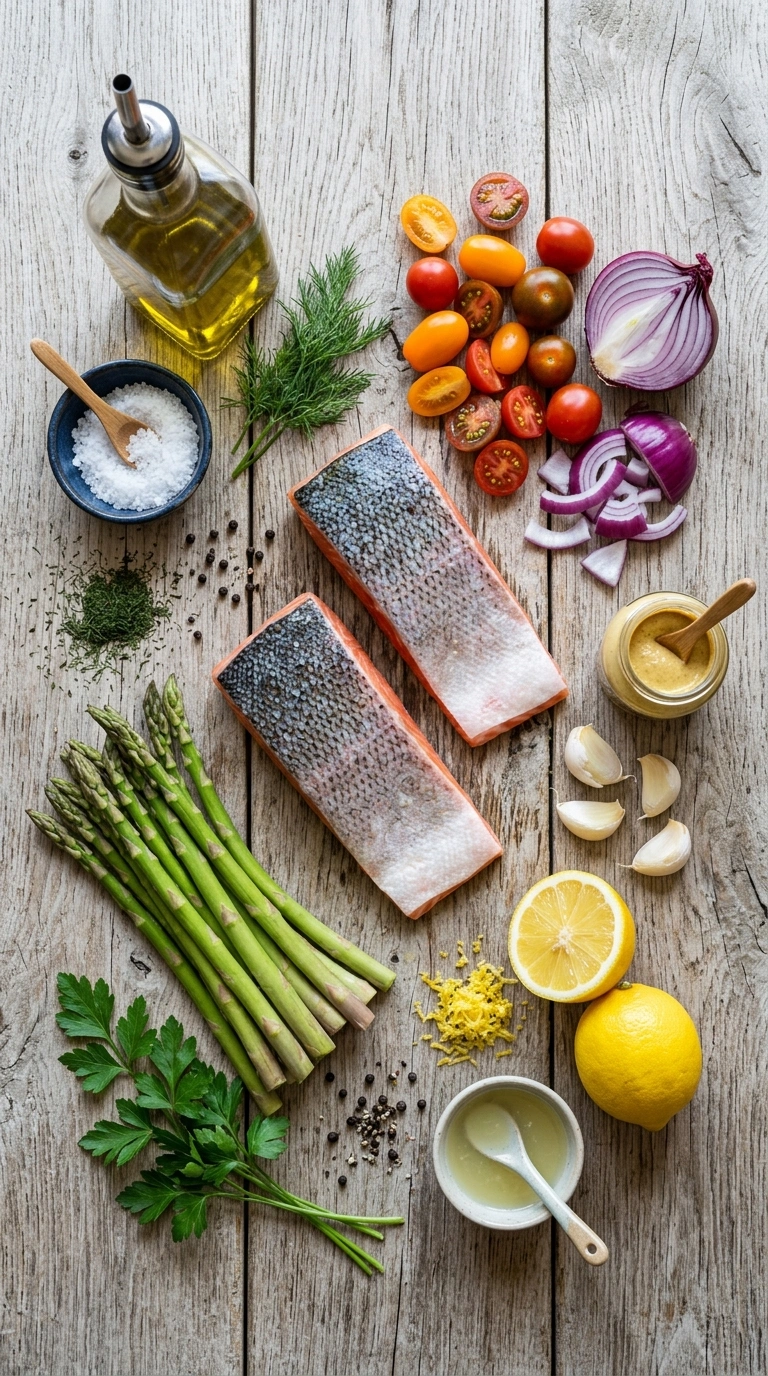 Ingredients for elegant sheet pan lemon salmon