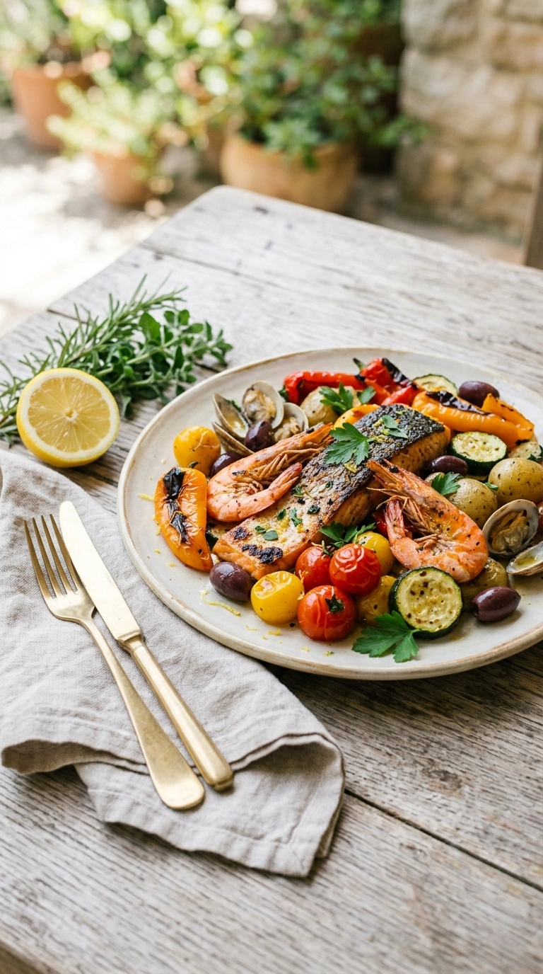 stunning sheet pan Mediterranean seafood ready to serve