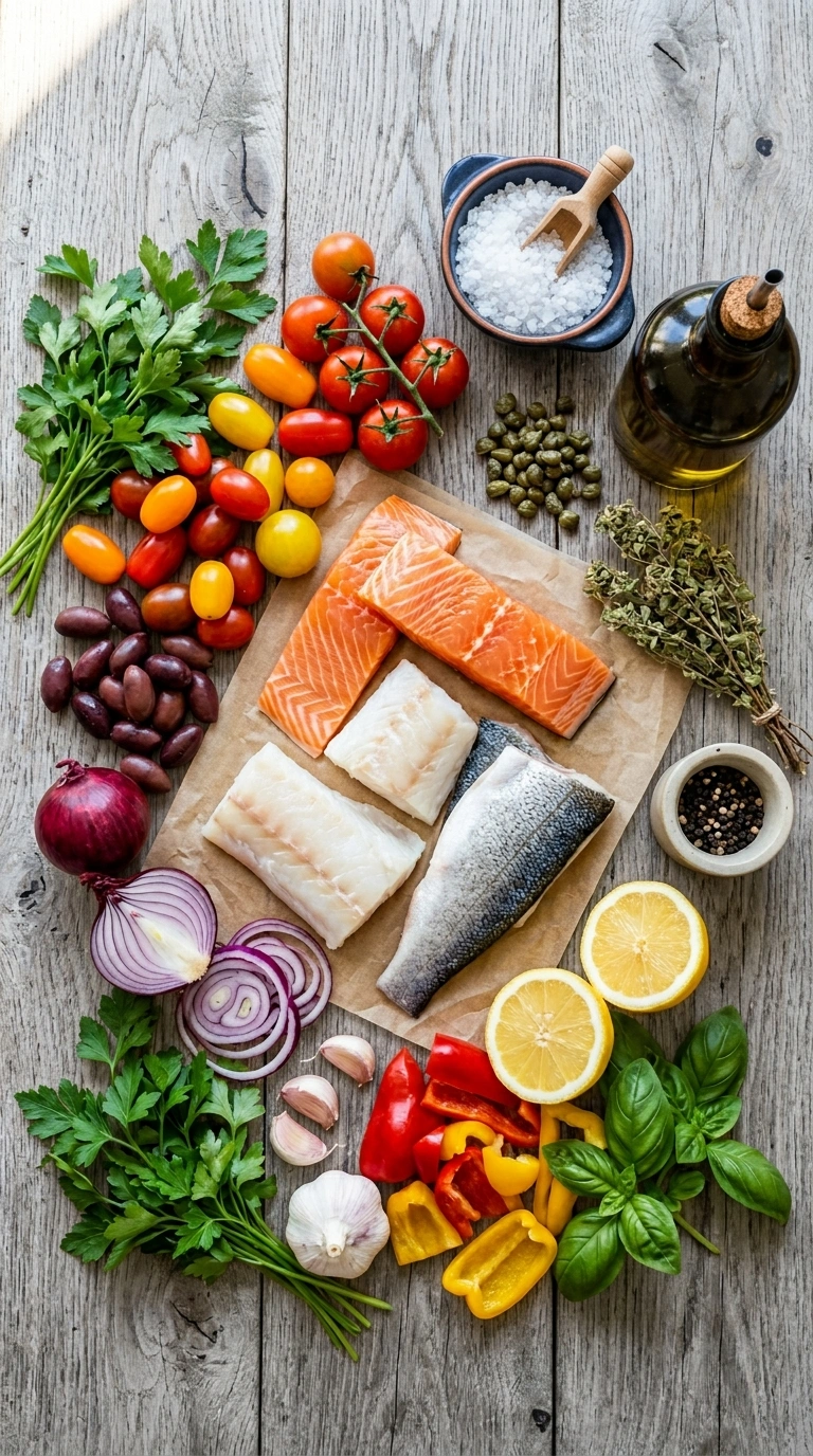 Ingredients for stunning sheet pan Mediterranean seafood