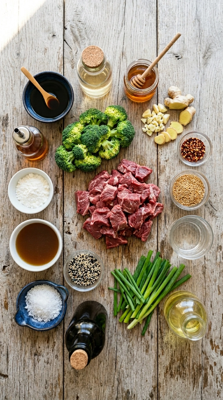 Ingredients for elegant slow cooker beef and broccoli