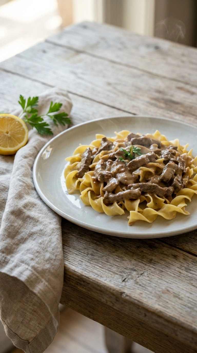 beautiful slow cooker beef stroganoff ready to serve