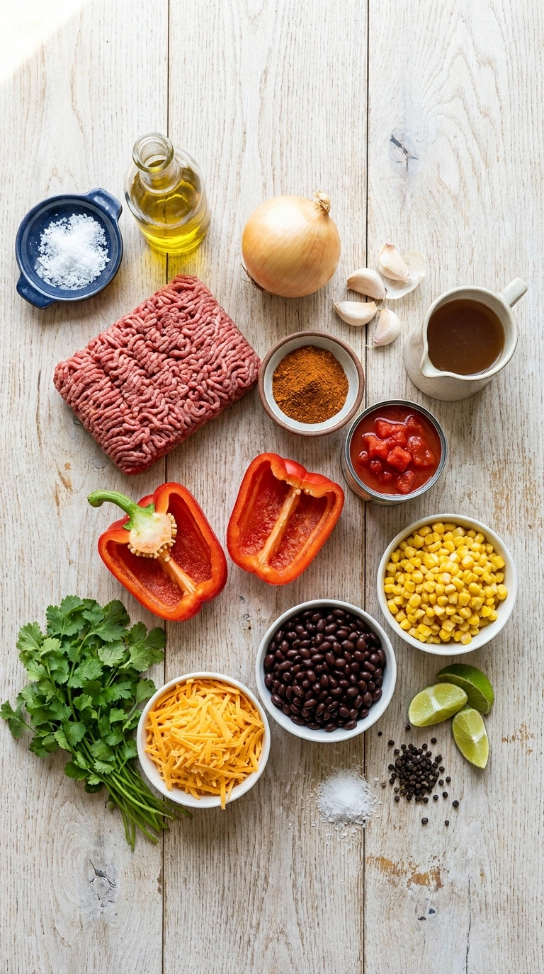 Ingredients for beautiful ground beef taco skillet
