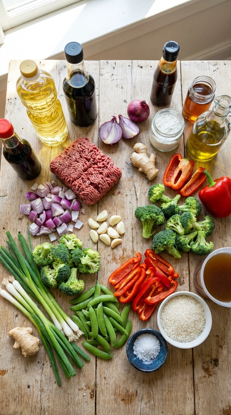 Ingredients for elegant ground beef stir fry