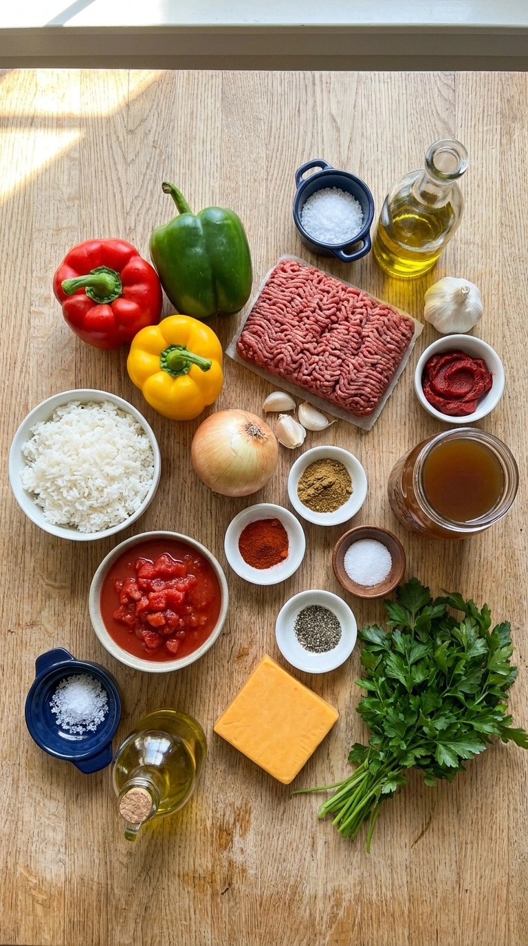 Ingredients for beautiful ground beef stuffed peppers