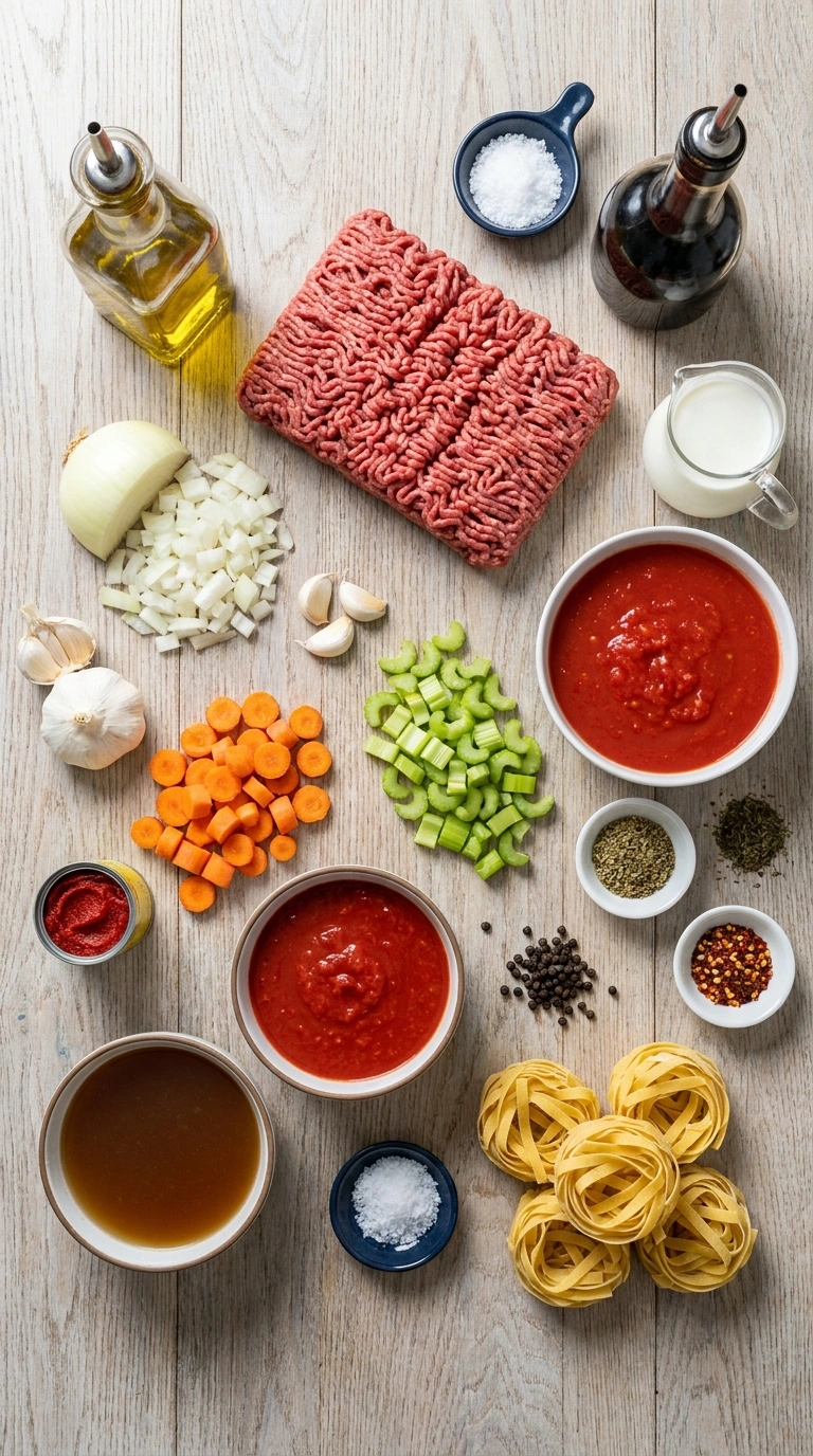 Ingredients for elegant ground beef bolognese