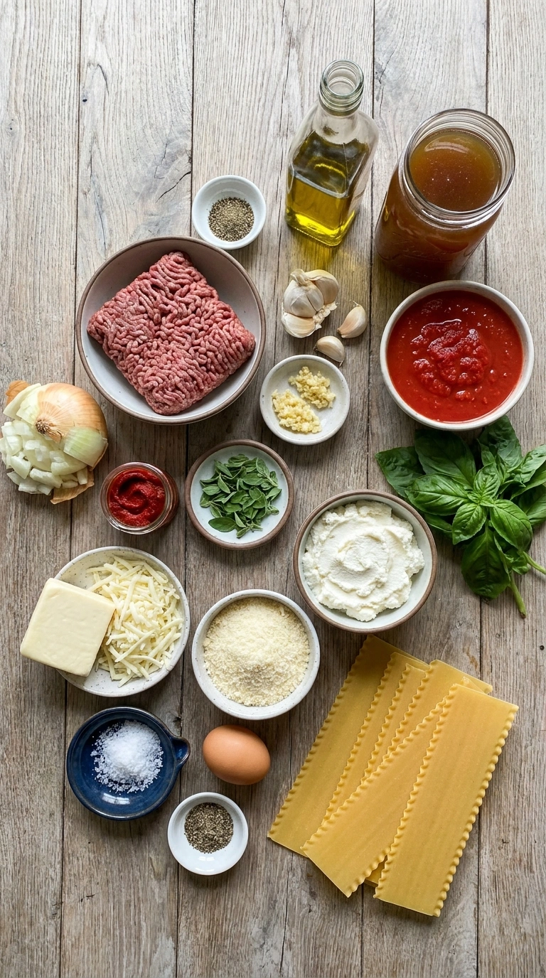Ingredients for beautiful ground beef lasagna