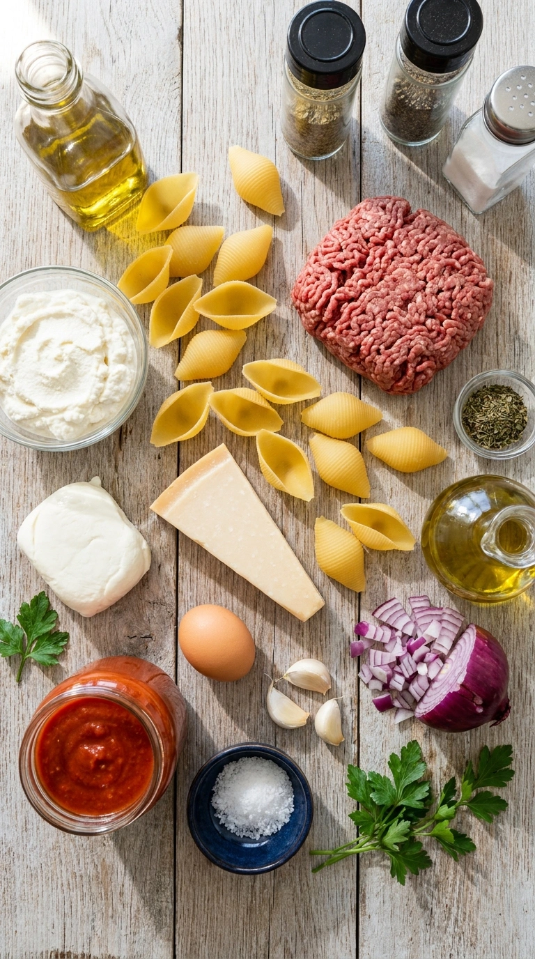 Ingredients for elegant ground beef stuffed shells