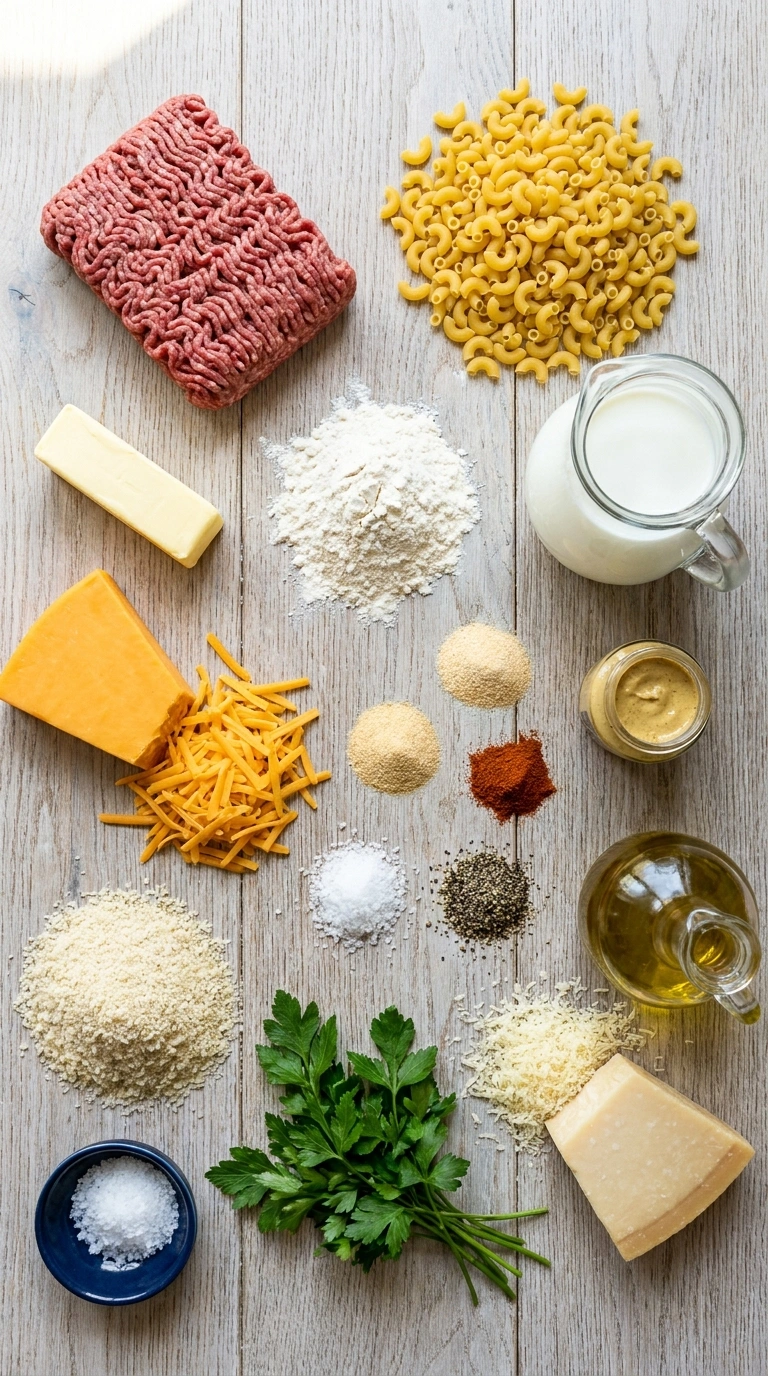 Ingredients for stunning ground beef mac and cheese