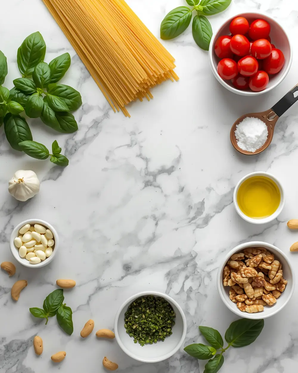 Ingredients for stunning cold pesto pasta summer