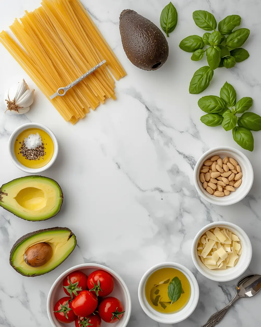 Ingredients for stunning creamy avocado pasta summer