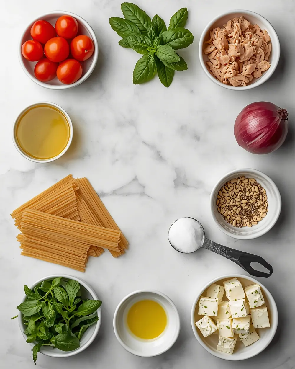 Ingredients for stunning summer cold pasta with herbs