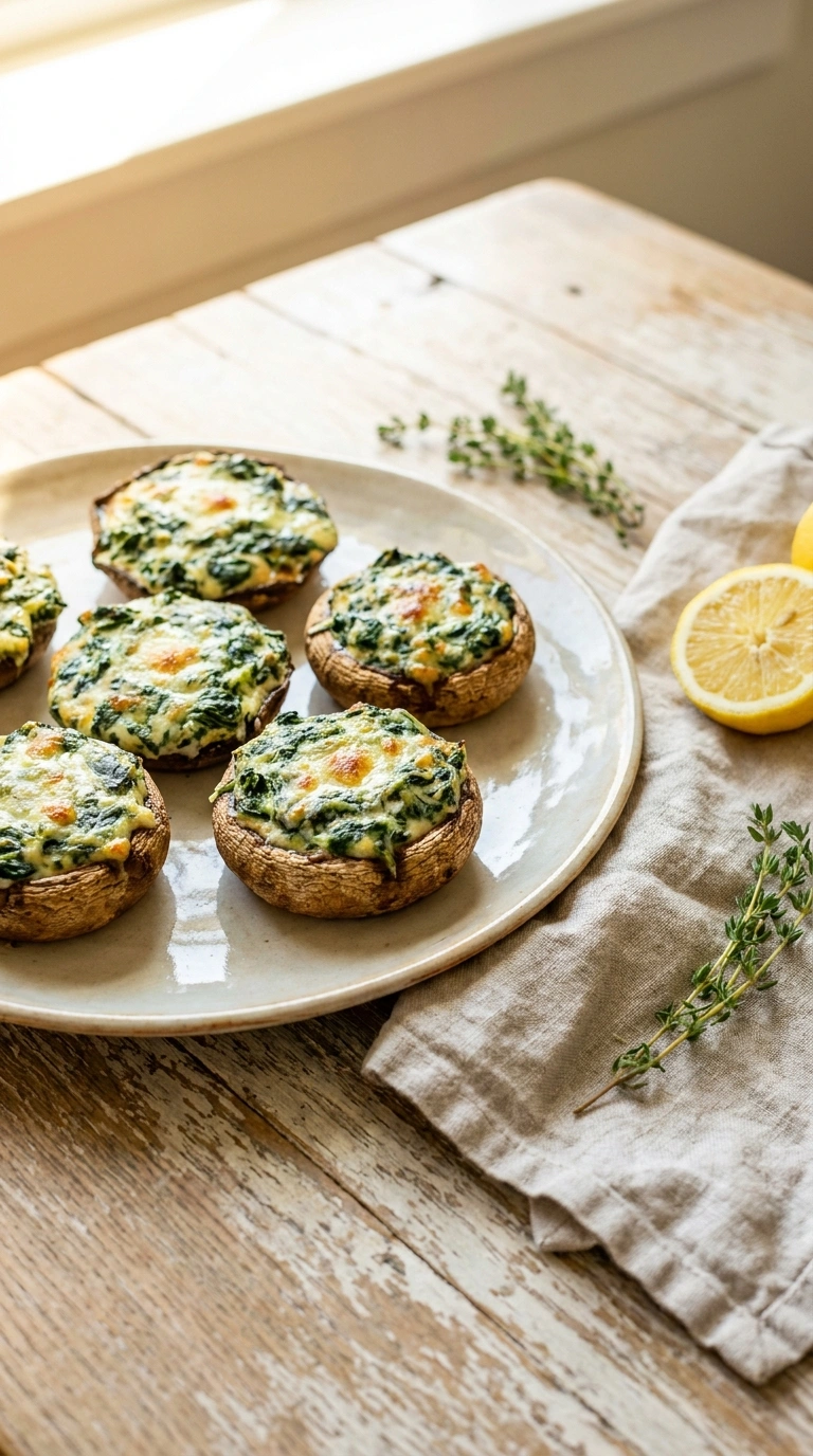 creamy spinach stuffed mushrooms ready to serve