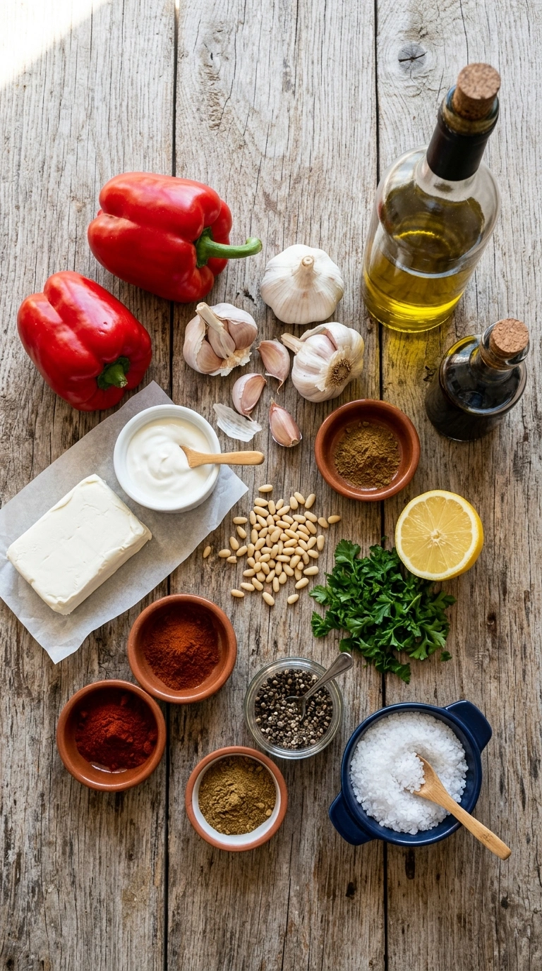 Ingredients for stunning roasted red pepper dip