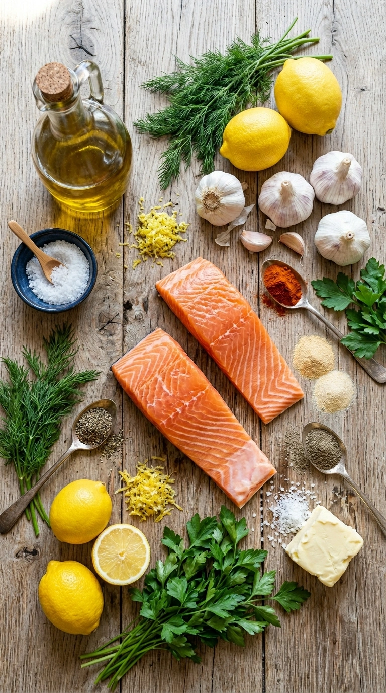 Ingredients for smoky lemon garlic grilled salmon