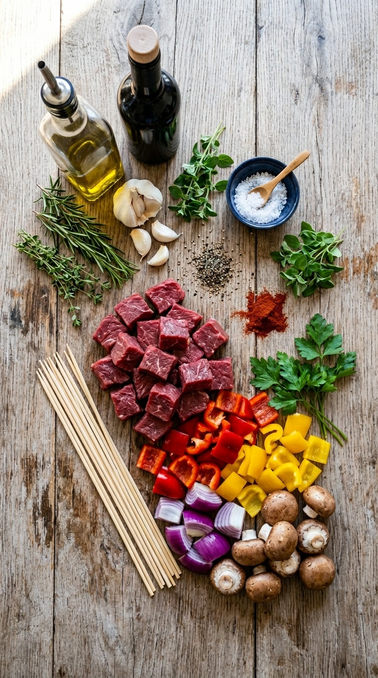 Ingredients for juicy grilled beef kebabs