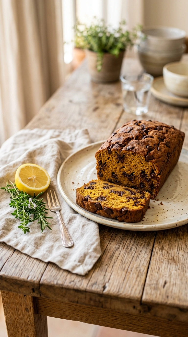 moist pumpkin chocolate chip bread ready to serve