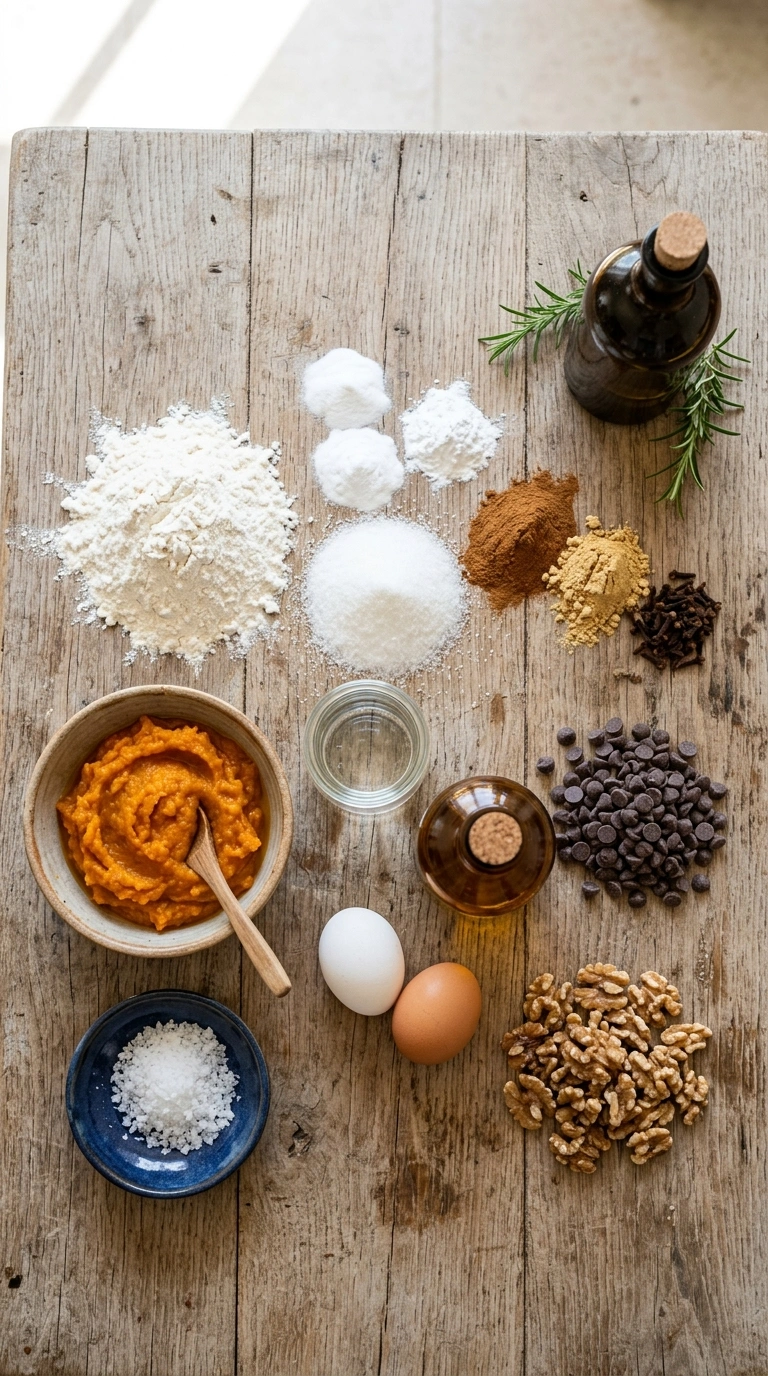 Ingredients for moist pumpkin chocolate chip bread