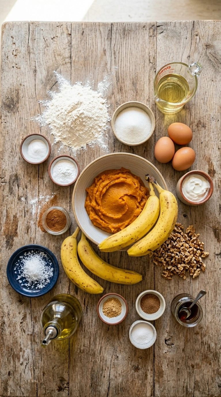 Ingredients for moist pumpkin banana bread