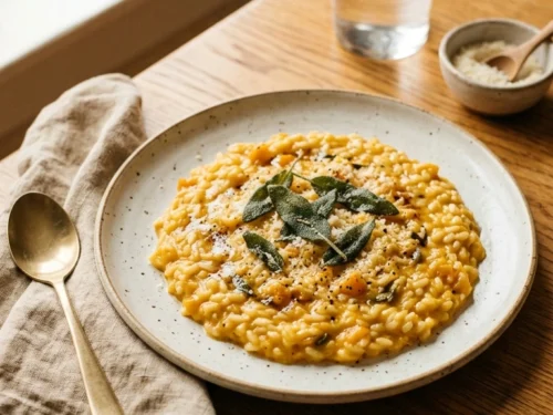 Pumpkin puree, pasta, butter, garlic, cream, broth, cheese, and fresh sage on white surface